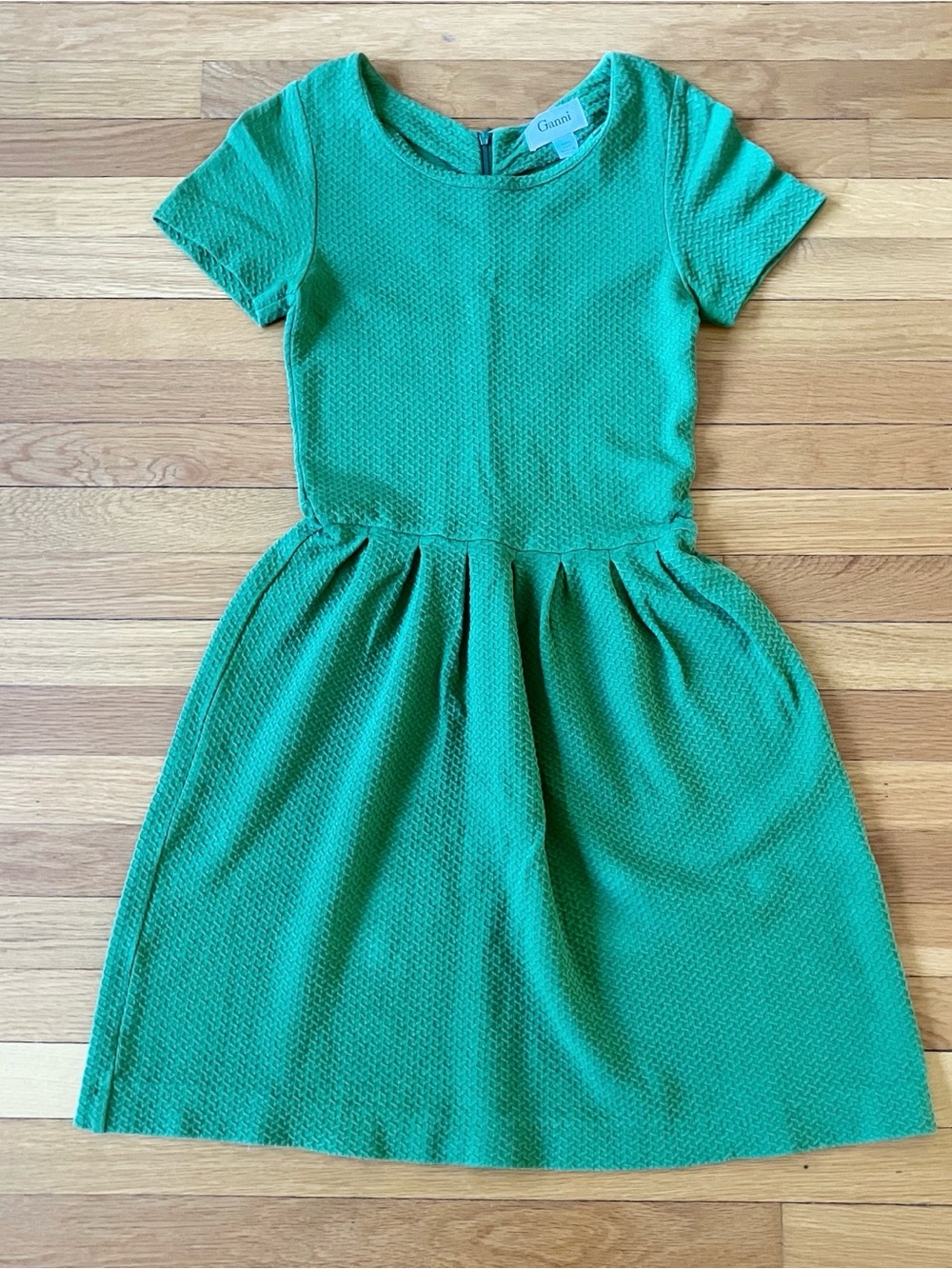 Ganni Anthropologie Green Fit & Flare Textured Short Sleeve Dress XS Extra Small